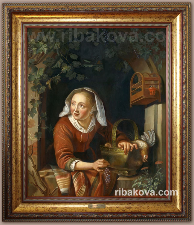 Жанровая живопись. Портрет женщины в окне. Старинная живопись.