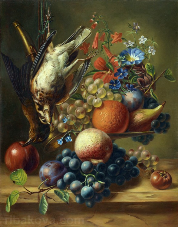 Копия картины - натюрморт с цветами и фруктами
